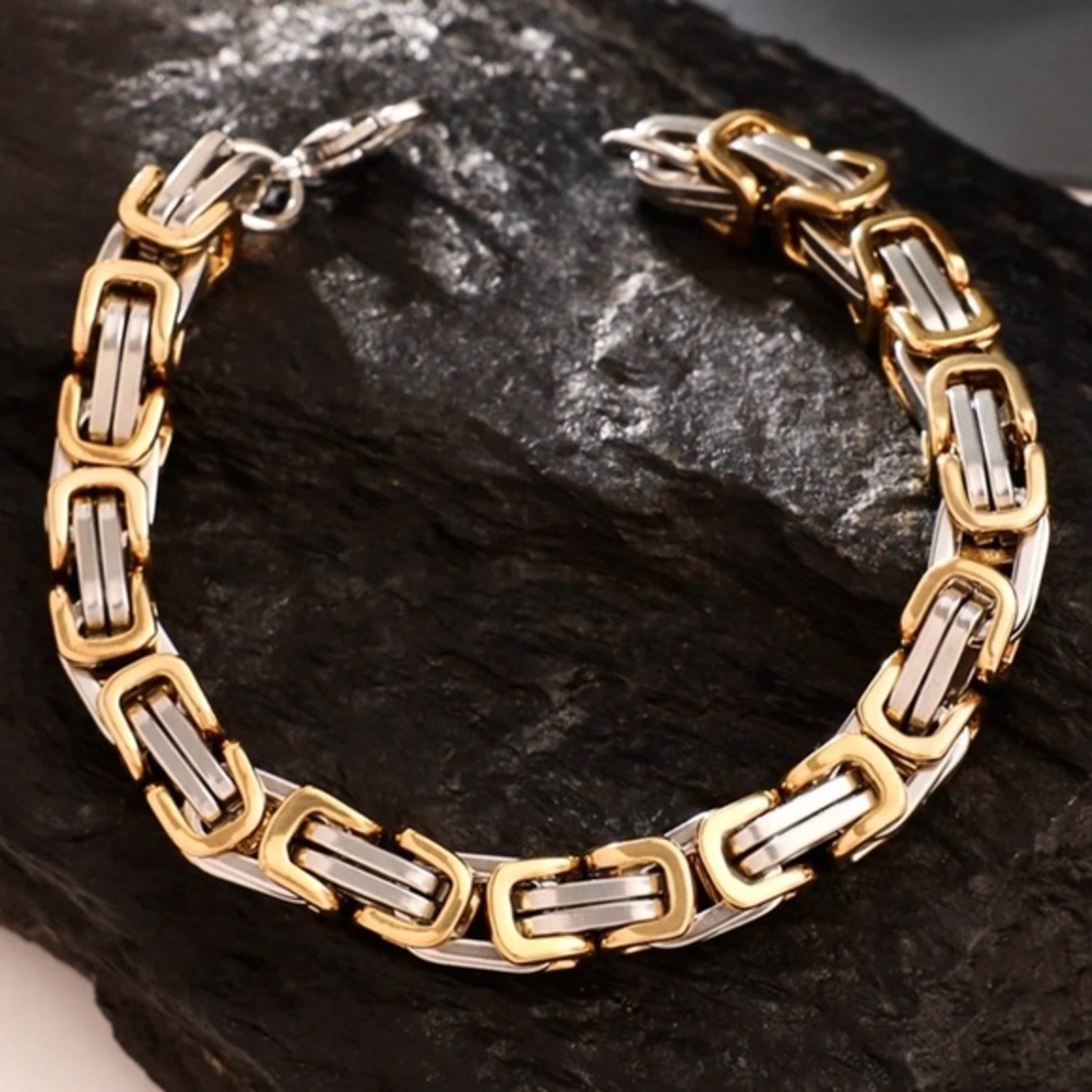 18k 2 tone Silver Gold Chain 8 1/4 inch Byzantine Style Link Bracelet stamped